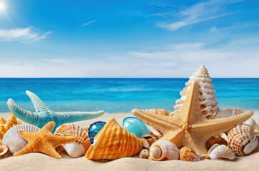 Fototapeta na wymiar shells and starfish on the beach
