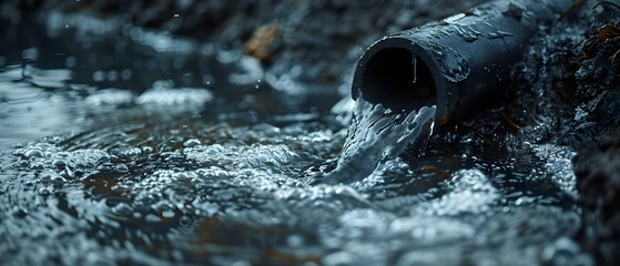 Polluting Water: A Closeup Shot of a Dirty Water Pipe Discharging Wastewater. Concept Pollution, Water Contamination, Environmental Crisis, Industrial Waste, Pollution Awareness - obrazy, fototapety, plakaty