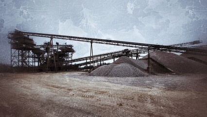 Grungy shot of gravel quarry, with heaps and conveyor belts - 775087204