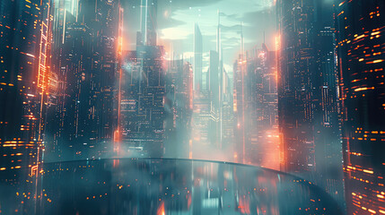 Atmospheric, electronic, cyber city, minimal color, abstract. Generative AI.