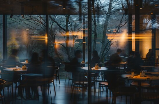 Realistic indoor color photo of people seen in silhouette in a restaurant set in a sculpture garden. From the Series �Art Film - Color.�