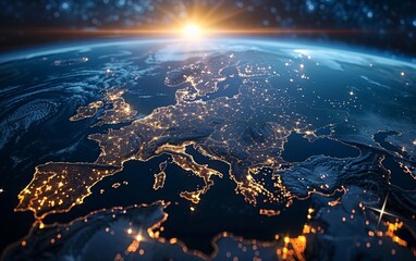 The image of a digital planet showcasing Europe at its core signifies the interconnectedness of the global community