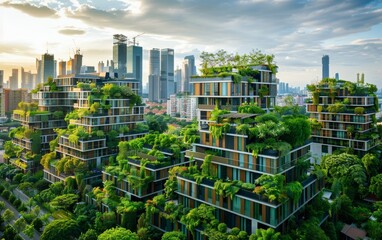 The sustainable urban landscape showcases advanced architectural techniques such as eco-friendly rooftops, solar power integration, and environmentally conscious living designs. - obrazy, fototapety, plakaty