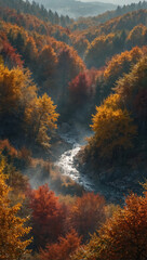 Captivating Landscape Artistry Depicting Vibrant Scenes of Nature's Transition in Foggy Valleys and Forests