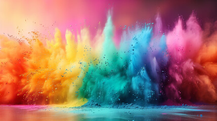 colorful rainbow holi paint color powder explosion isolated white wide panorama background.