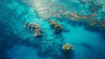 An aerial view of a vibrant coral atoll surrounded by turquoise waters