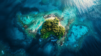 An aerial view of a vibrant coral atoll surrounded by turquoise waters - obrazy, fototapety, plakaty