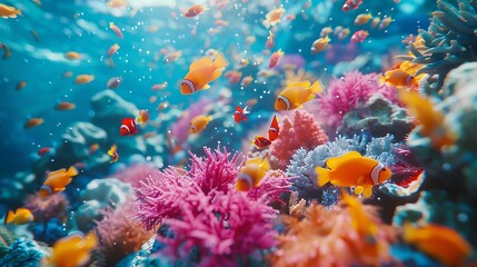 An aerial view of a vibrant coral reef bustling with colorful fish and other marine life