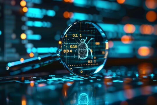 Troubleshooting concept highlighting software bugs on a computer program with a sleek outline design.