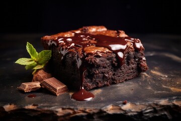 Hearty brownie on a slate plate against a painted acrylic background