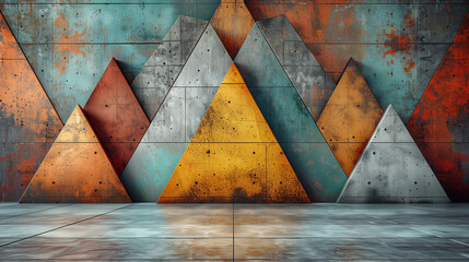 Futuristic, Triangular Wall background with tiles. Polished, tile Wallpaper with Concrete, 3D blocks. 3D Render.