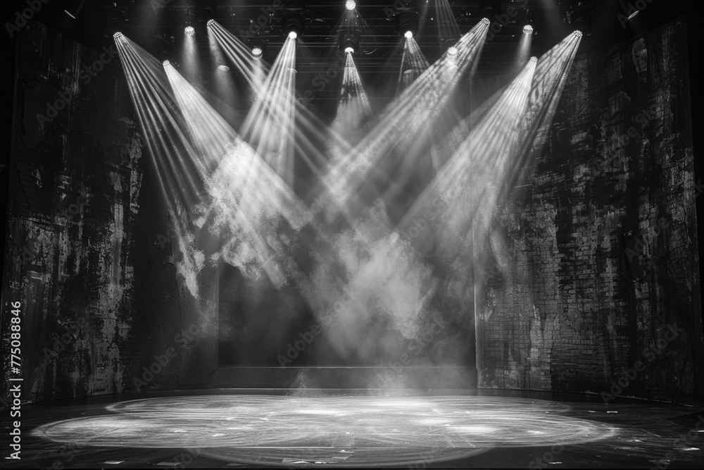 Poster a visually striking performance on stage with vibrant spotlights creating a modern dance atmosphere.