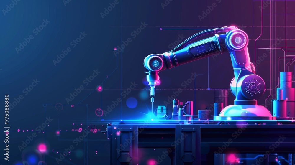 Poster Robots with artificial intelligence control the production line in a smart factory. Artificial intelligence automates production processes and provides communications between robotic arms.