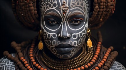 Close-up Portrait of a African woman with a white painted face, necklace, earrings from the primitive Mursi tribe in the small village of Mursi in Ethiopia. she looks at the camera on black background