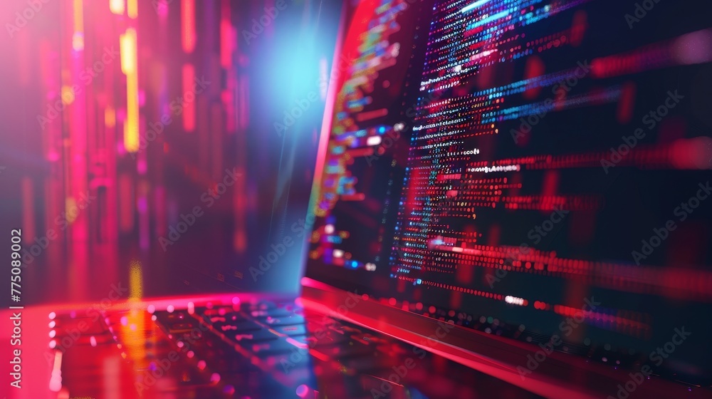 Poster Programming, web development and writing software on a laptop. Company network with laptop and icons. Software development process technology.