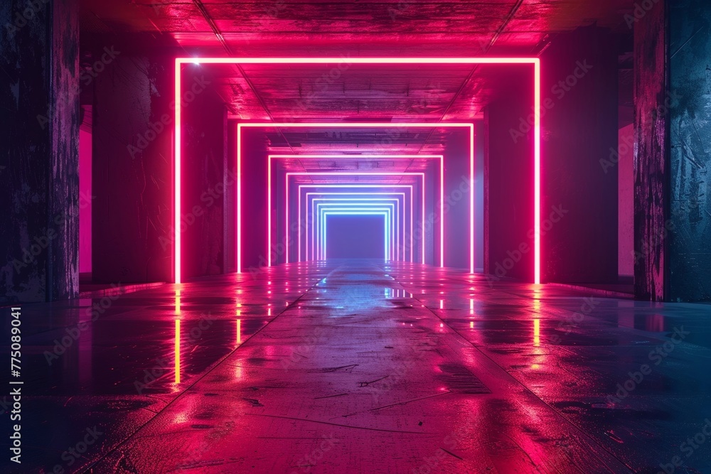 Poster neon geometric patterns light up the abstract background, creating a dazzling display for futuristic