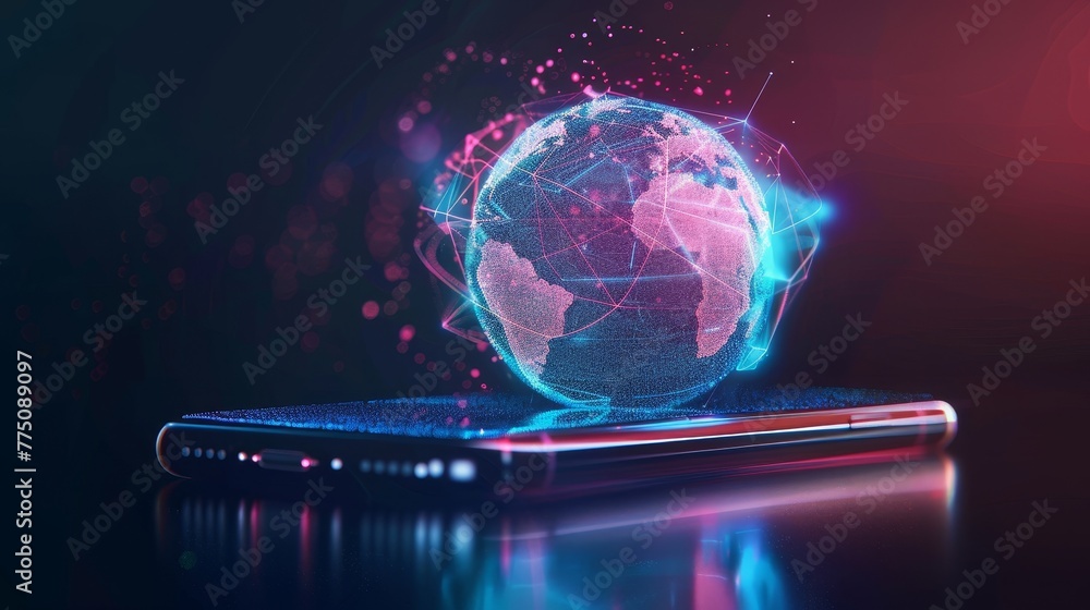 Poster Mobile internet and high speed internet connections to the world wide web over hologram earth consisting of light dots. Abstract virtual hud elements over screen modern glass smartphone.