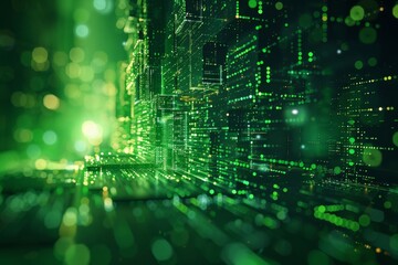 Green banner background with abstract tech concept, showcasing digital innovation and future data trends. AI-driven generative technology in focus.