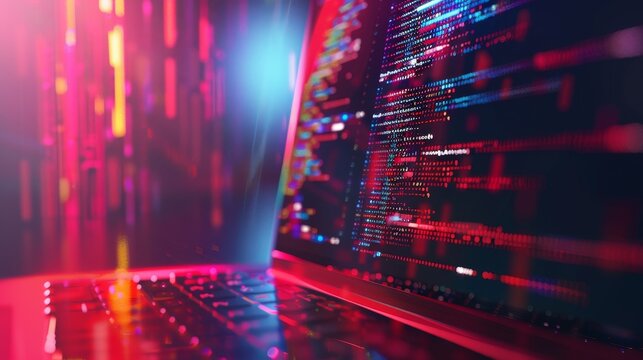 Programming, web development and writing software on a laptop. Company network with laptop and icons. Software development process technology.