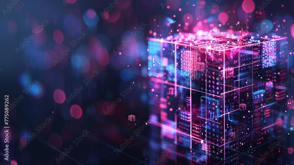 Poster A digital background featuring a cube or box made up of digits. Business graphic with abstract finance data and blockchain fintech technology.