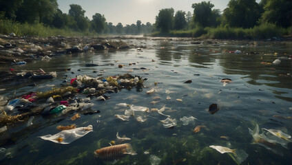 A polluted river scene with garbage floating on the surface, dead fish and murky water. Water pollution, environment issue.