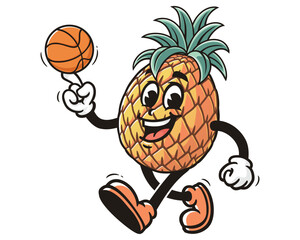 Pineapple playing basketball cartoon mascot illustration character vector clip art hand drawn