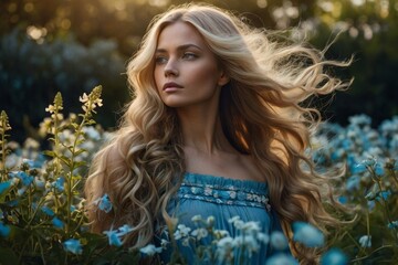 Naklejka premium A woman with long blonde hair stands in a field of blue flowers
