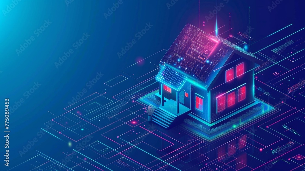 Poster This image shows a smart home in an isometric design, consisting of digits. Cyber security of the internet of things in a country house. Digital protection for the smart home system. Background or