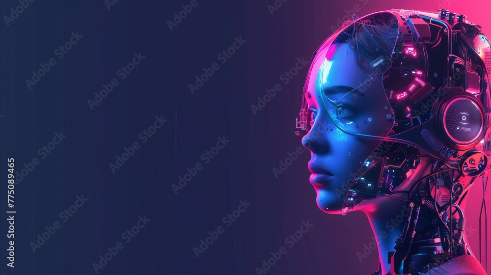 Poster Using machine learning technology concept to train neural networks. Cyborg girl with electronic brain. Science fiction cybernetic robot with AI.