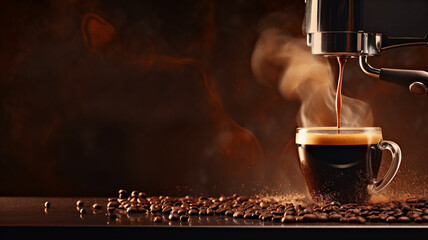 Fototapeta na wymiar cup of rich espresso being freshly brewed in a modern coffee machine, with steam and splashes adding a dynamic energy to the experience. 