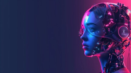 Using machine learning technology concept to train neural networks. Cyborg girl with electronic brain. Science fiction cybernetic robot with AI.