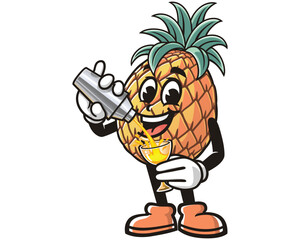 Pineapple is making cocktail cartoon mascot illustration character vector clip art hand drawn