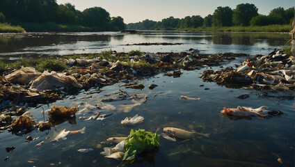 A polluted river scene with garbage floating on the surface, dead fish and murky water. Water pollution, environment issue.