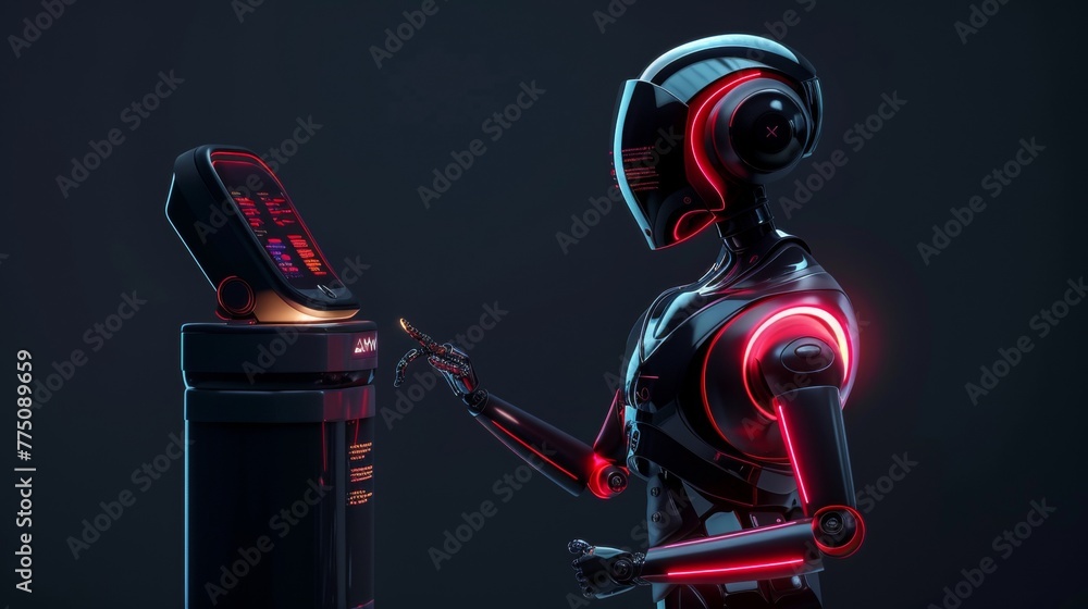 Poster Using industrial 3D virtual interface, robot with AI works with the back to the viewer. Cyborg rear view taps touch screen holographic button using artificial intelligence.