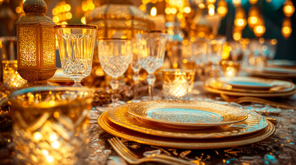 Fototapeta na wymiar Festive table setting with golden crockery and lanterns. Concept of Ramadan celebration, Eid feast, luxury dining
