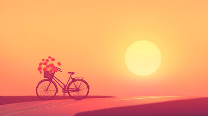 Fototapeta premium Bicycle with flowers at sunset. Summer background with copy space. Concept of serene summer evenings and healthy outdoor activities