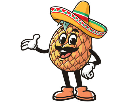Pineapple wearing sombrero cartoon mascot illustration character vector clip art hand drawn
