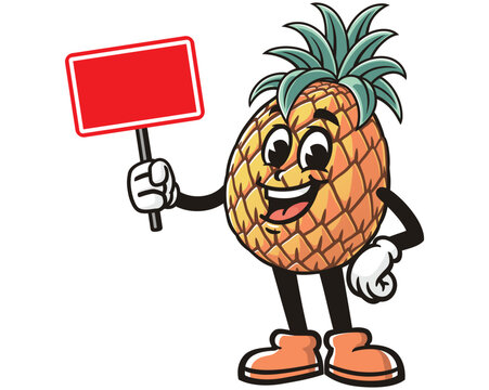 Pineapple holding blank sign board cartoon mascot illustration character vector clip art hand drawn