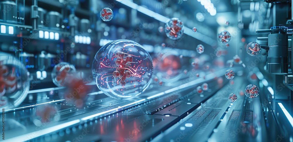 Poster Futuristic chemistry lab with holographic displays of molecular structures and DNA strands floating in the air. Generative AI.