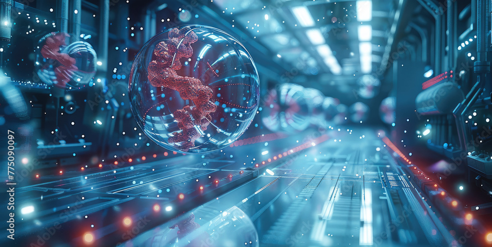 Aufkleber Futuristic chemistry lab with holographic displays of molecular structures and DNA strands floating in the air. Generative AI.