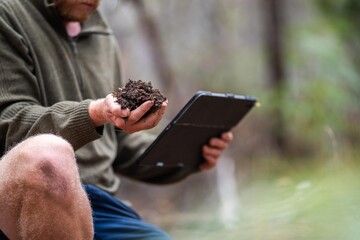holding soil in hand. study soil health. soil fungi storing carbon through carbon sequestration on a farm, receiving carbon credits