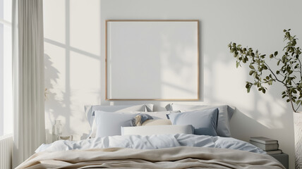 Fototapeta na wymiar Gentle shadows dance on the wall of a serene bedroom with crisp bedding and lively greenery.