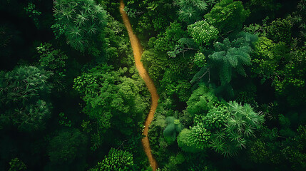 An aerial view of a winding hiking trail leading through dense forest foliage