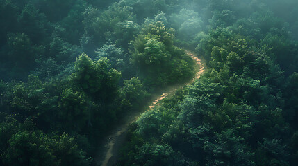Fototapeta na wymiar An aerial view of a winding hiking trail leading through dense forest foliage