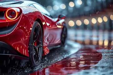 Plexiglas foto achterwand A sleek, red sports car streaks around a sharp corner, leaving tire marks on the asphalt-2 © shumail