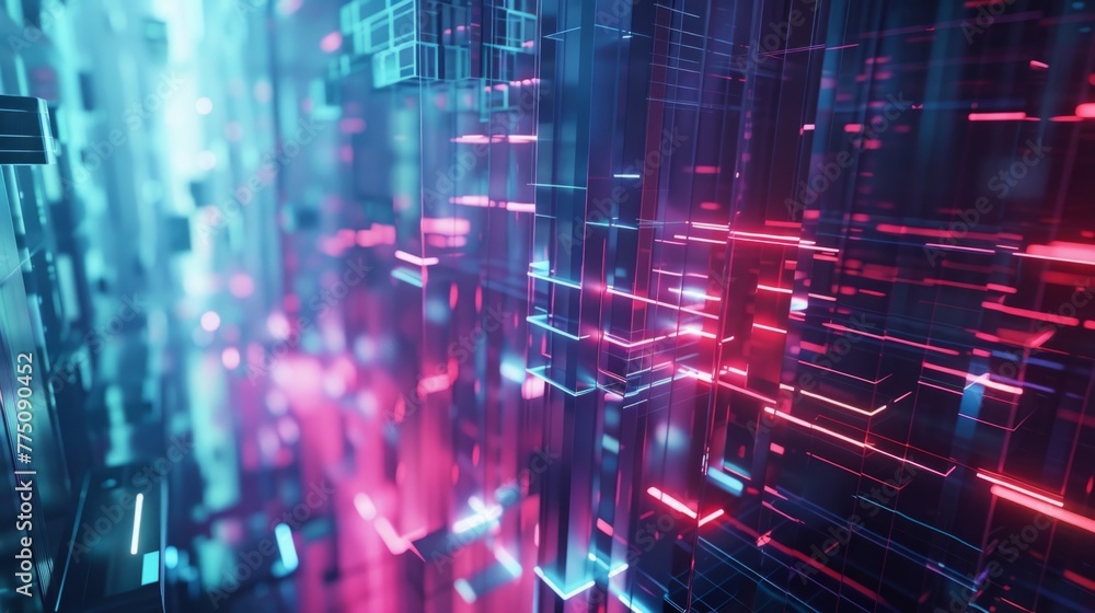 Poster luminous 3d rendering of an abstract digital technology background with neon lights