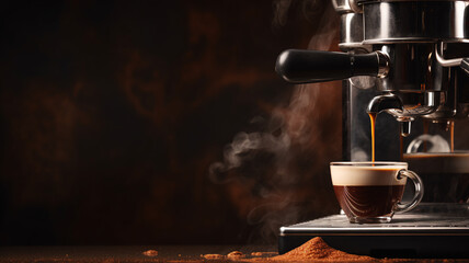 cup of rich espresso being freshly brewed in a modern coffee machine, with steam and splashes adding a dynamic energy to the experience.
 - obrazy, fototapety, plakaty