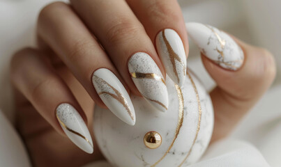Beautiful designed manicure nails on a beautiful woman's hand, holding a white shiny marble sphere.