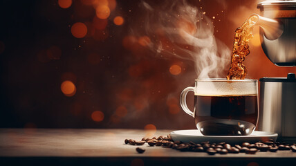 cup of rich espresso being freshly brewed in a modern coffee machine, with steam and splashes adding a dynamic energy to the experience.
 - obrazy, fototapety, plakaty