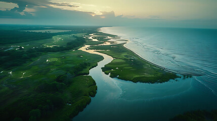 An aerial view of a winding river delta flowing into the ocean - obrazy, fototapety, plakaty